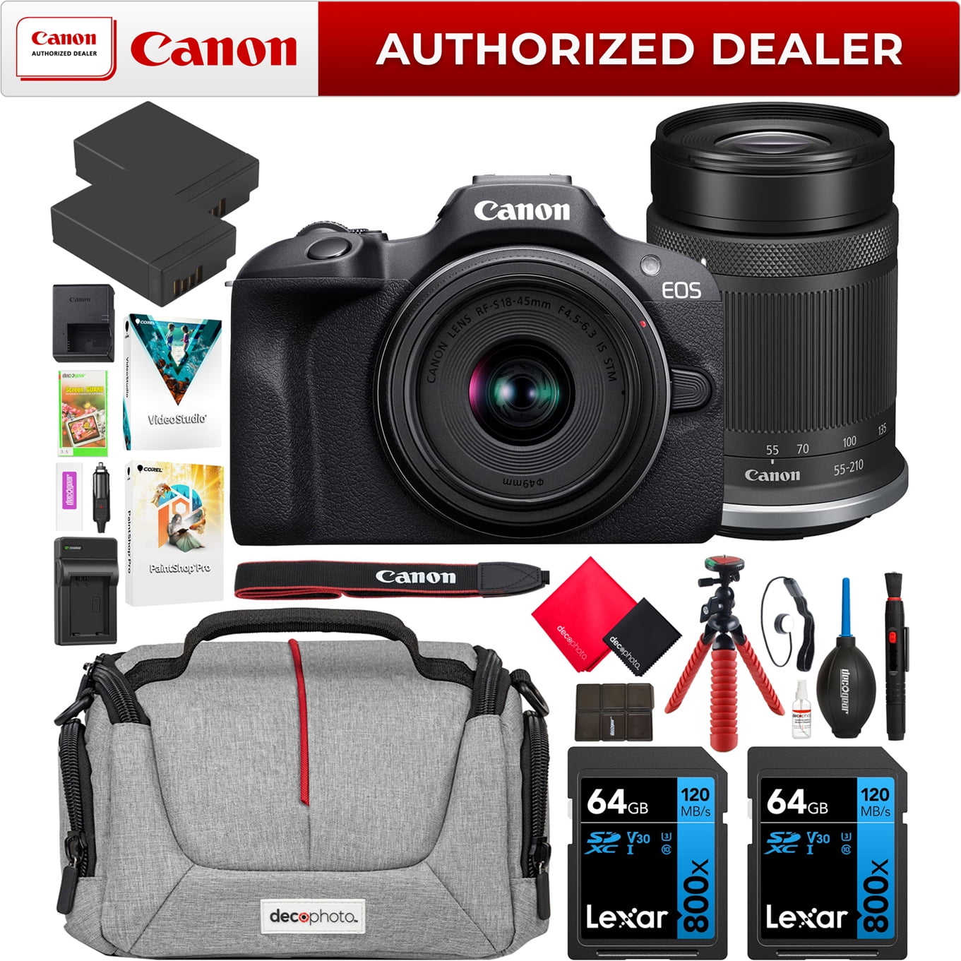 Canon EOS R100 Camera with 18-45mm & 55-210mm Lens, 2 Batteries, 2