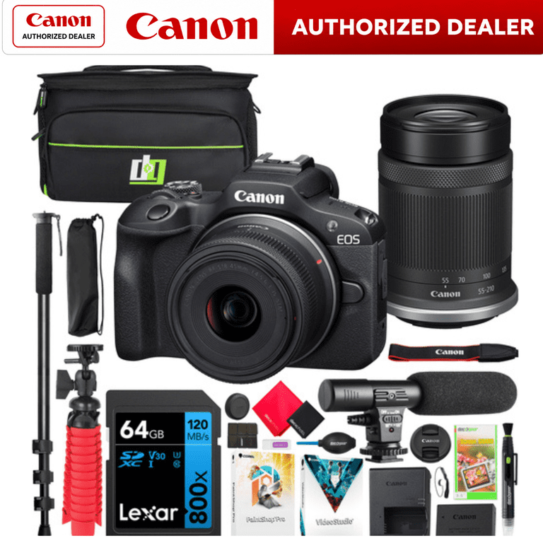Canon EOS R100 Camera with 2 Lens Kit, Deco Gear Bag, Microphone