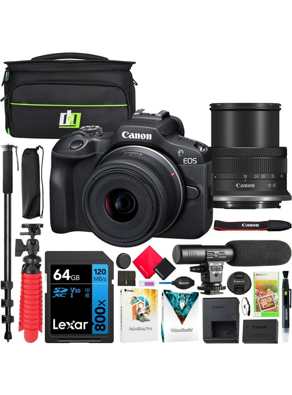 Canon EOS R100 Mirrorless Camera Body with RF-S 18-45mm F4.5-6.3 IS STM Lens Bundle with Deco Gear Photography Bag + Microphone + Monopod + Software & Accessories Kit