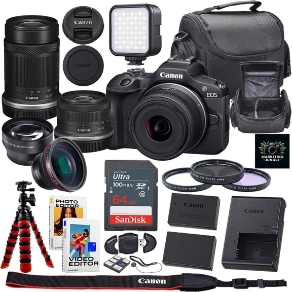 Canon EOS R100 Mirrorless Camera + Canon RF-S 18-45mm f/4.5-6.3 IS STM and RF-S 55-210mm f/5-7.1 IS STM Lens + Camera Case + Extra Battery + 64GB Memory + More (21pc Bundle) (International Version)