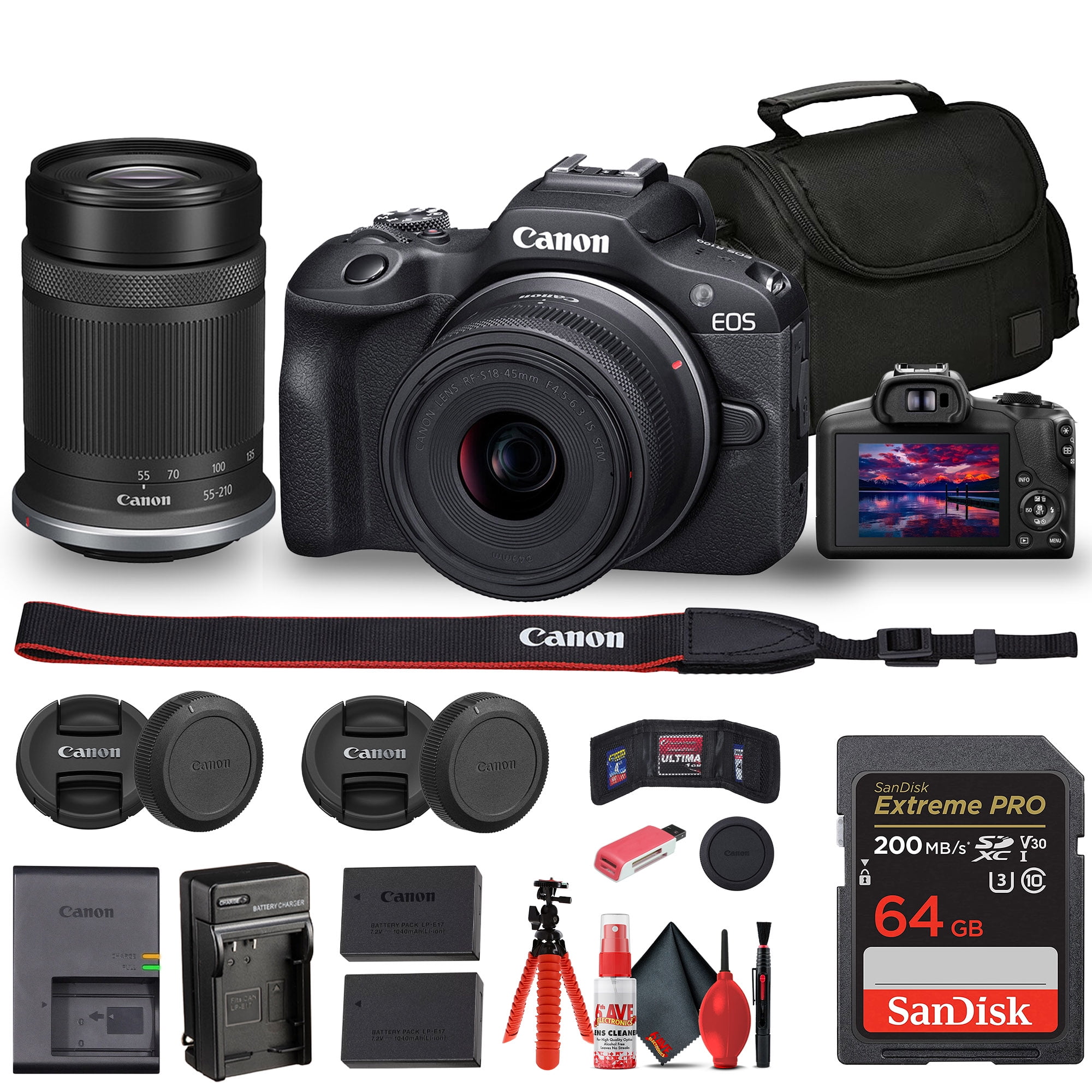 キヤノンEOS R100ダブルズームキット 18-45mm 55-210mm Canon EOS R100 Kit: 18-45mm and 55-210mm Lenses, Bag, 64GB