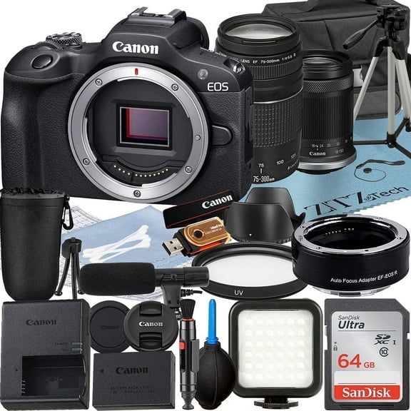 Canon EOS R100 Mirrorless Camera with RF-S 18-150mm + 75-300mm Lens + Mount Adapter + SanDisk 64GB Memory Card + Case + LED Flash + ZeeTech Accessory Bundle (International Version)