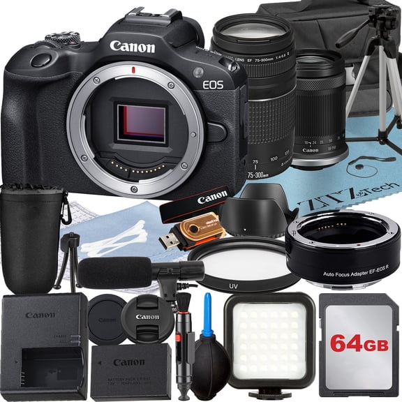 Canon EOS R100 Mirrorless Camera with RF-S 18-150mm + 75-300mm Lens + Mount Adapter + 64GB Memory Card + Case + LED Flash + ZeeTech Accessory Bundle (International Version)
