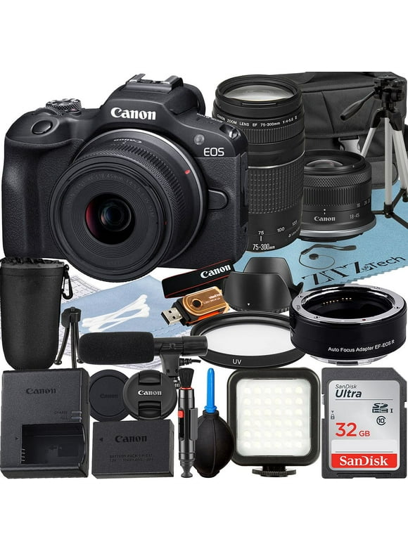 Canon EOS R100 Mirrorless Camera with RF-S 18-45mm + EF 75-300mm Lens + Mount Adapter + SanDisk 32GB Memory Card + Case + LED Flash + ZeeTech Accessory Bundle