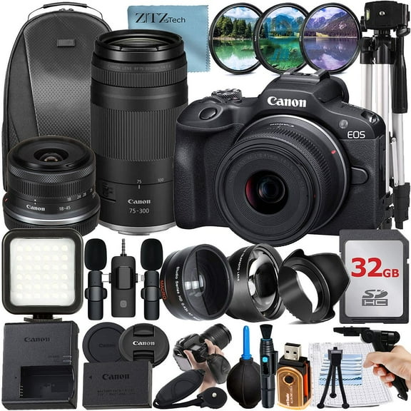Canon EOS R100 Mirrorless Camera with RF-S 18-45mm Lens + RF 75-300mm Lens + 32GB Memory Card + Backpack + Wireless Lavalier Microphone + ZeeTech Accessory Bundle (International Version)