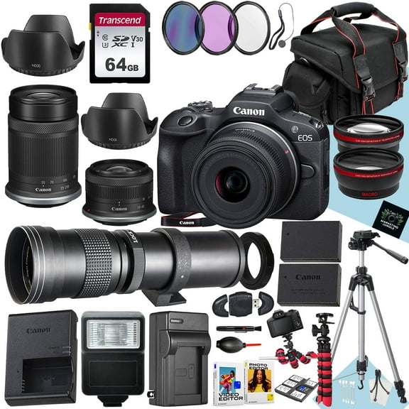 Canon EOS R100 Mirrorless Camera With RF-S 18-45mm f/4.5-6.3 IS STM, RF-S 55-210mm f/5-7.1 IS STM And 420-800mm Lens + 64 GB Memory + Filters + More (37pc Bundle) (International Version)