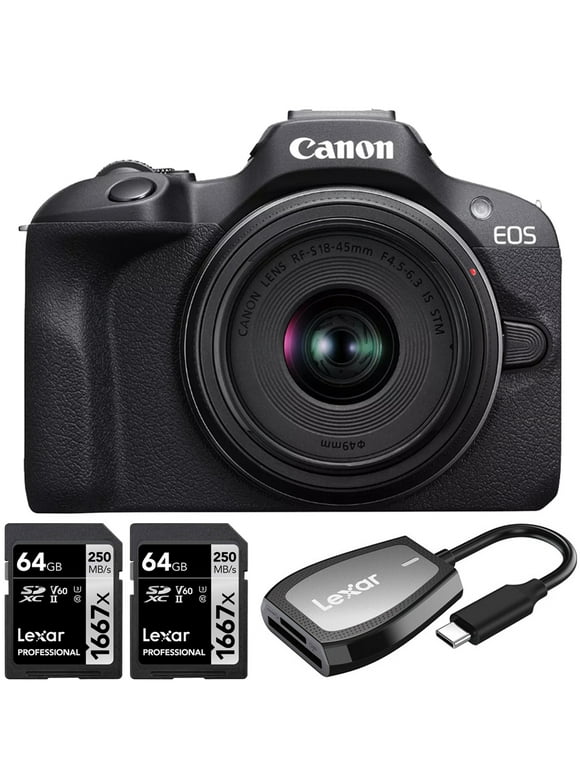 Canon EOS R100 Mirrorless Camera + RF-S18-45mm IS STM Lens + 2x 64GB Card +Card Reader