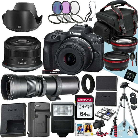Canon EOS R100 Mirrorless Camera With RF-S 18-45mm f/4.5-6.3 IS STM And 420-800mm f/8.3 HD Telephoto Zoom Lens + 64 GB Memory + Filters + Tripod + More (31pc Bundle)
