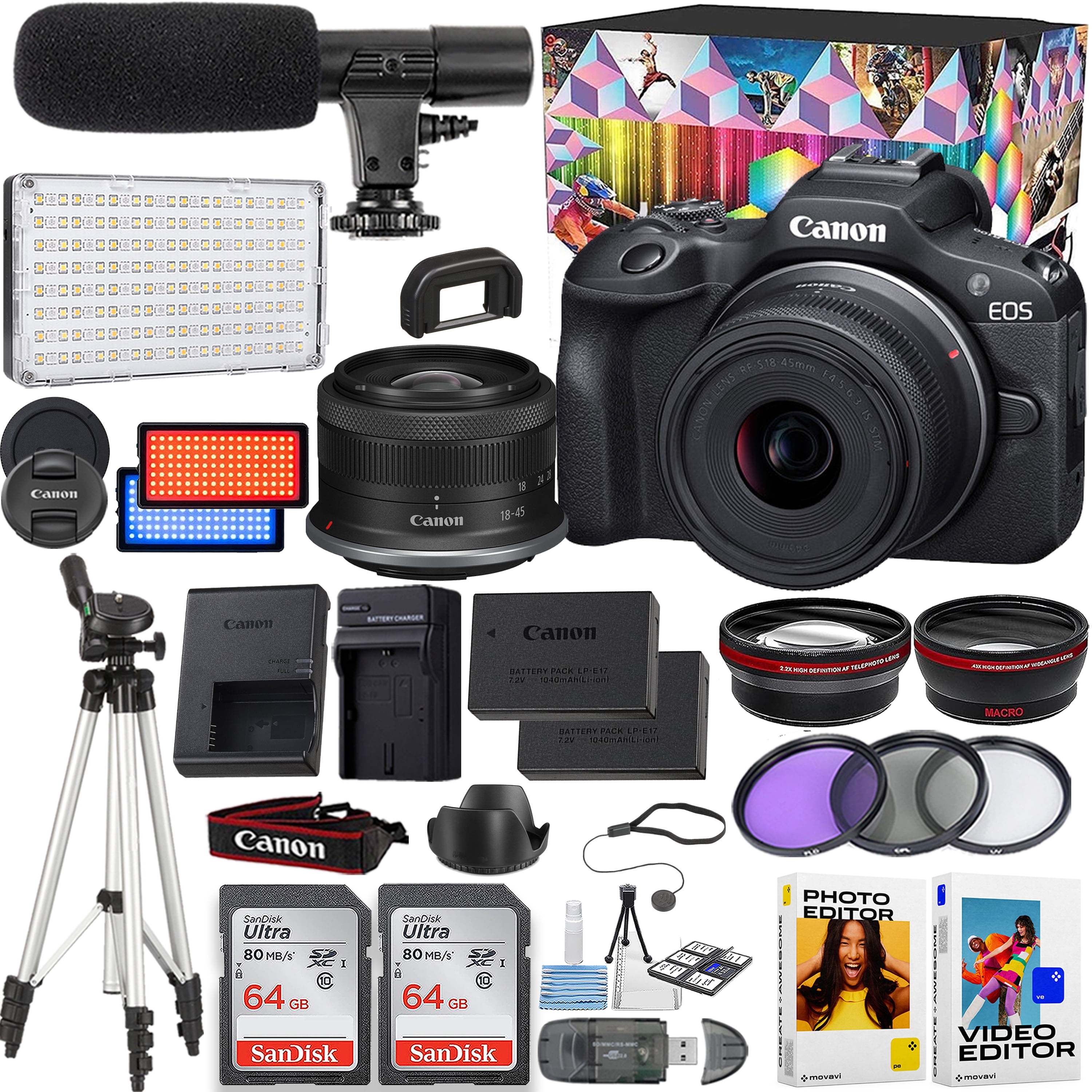  Canon EOS R100 Mirrorless Camera with 18-45mm Lens + 420-800mm  Super Telephoto Lens + 128GB Memory, LED Light, Microphone, Spare Battery,  Filters,Case, Tripod, Flash, and More (43pc Video Bundle) : Electronics