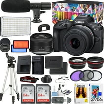 Canon EOS R100 Mirrorless Camera With Video Creator Kit + Canon RF-S 18-45mm f/4.5-6.3 IS STM Lens + 2pc 64GB Memory Cards + Softwear Editor + Tripod & More