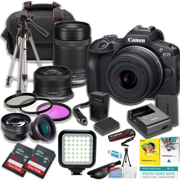 Canon EOS R100 Mirrorless Camera w/18-45mm and 55-210mm Lens + 2pc SanDisk 64GB Ultra Memory Card + LED Light + Tripod + More (21pc Bundle) (International Version)