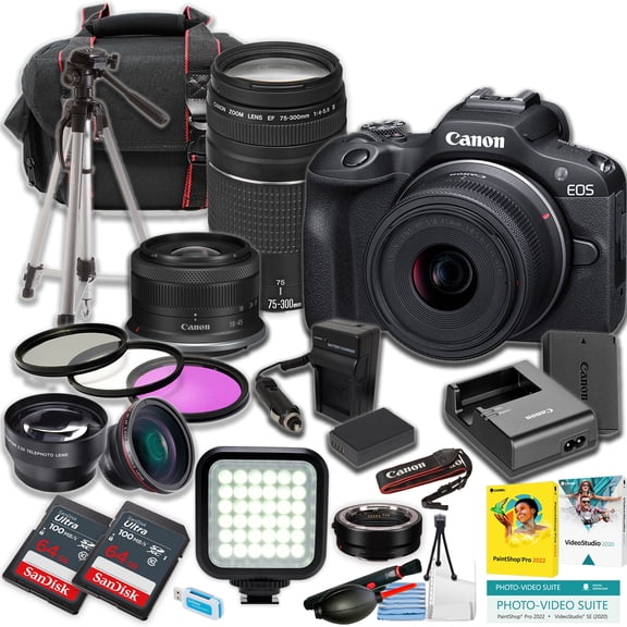 Canon EOS R100 Mirrorless Camera w/18-45mm and EF 75-300mm Lens + 2pc SanDisk 64GB Ultra Memory Card + LED Light + Tripod + More (21pc Bundle) (International Version)