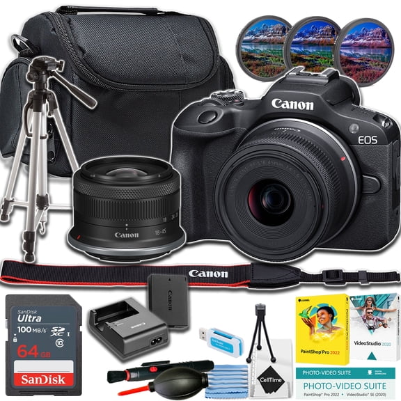 Canon EOS R100 Mirrorless Camera w/18-45mm lens + 64GB Memory Card + Tripod + More (Beginner Bundle) (International Version)