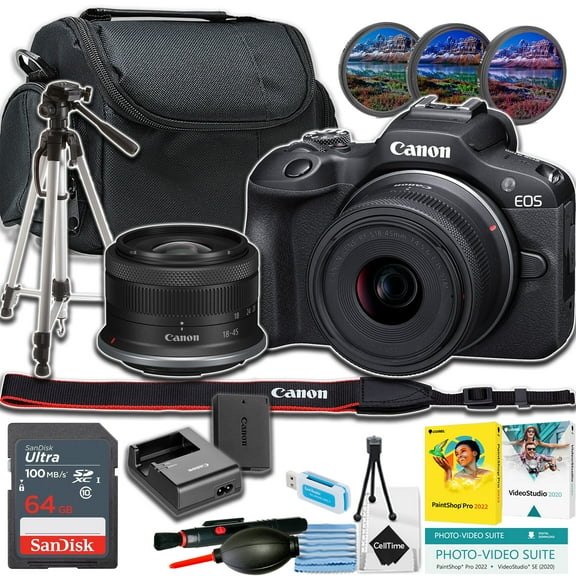 Canon EOS R100 Mirrorless Camera w/18-45mm lens + 64GB Memory Card + Tripod + More (Beginner Bundle)