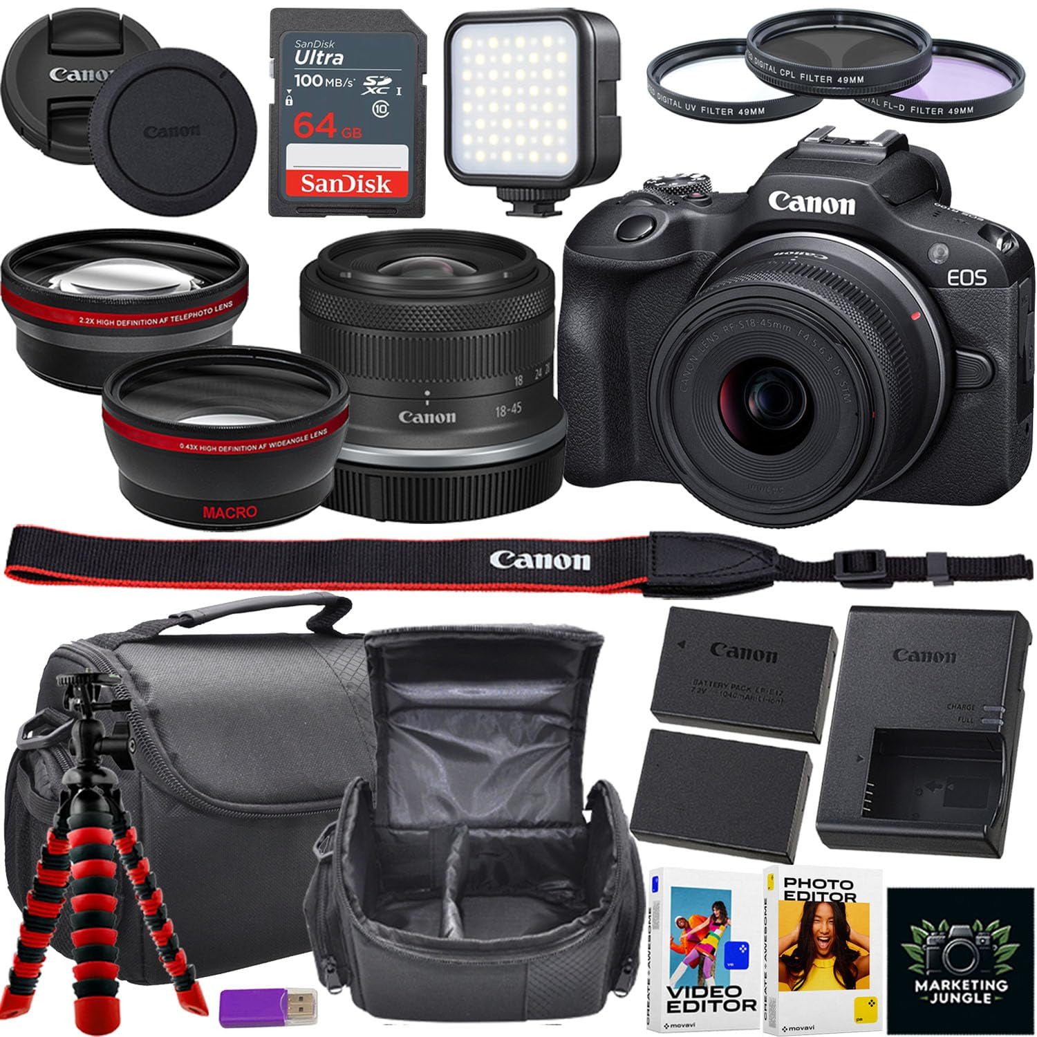 Canon EOS R100 Mirrorless Camera w/Canon RF-S 18-45mm f/4.5-6.3 is STM Lens + Camera Case + Extra Battery + 64GB Memory + Flexible Tripod + More (17pc Bundle)