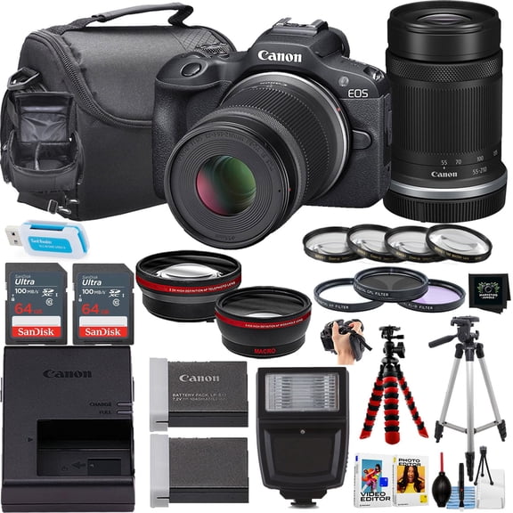 Canon EOS R100 Mirrorless Camera w/Canon RF-S 55-210mm f/5-7.1 is STM Lens + Camera Case + Extra Battery + 2pc SanDisk 64GB Memory + More (21pc Bundle) (International Version)