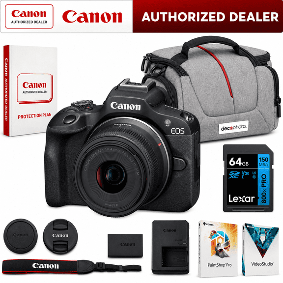 Canon EOS R100 Mirrorless Camera w/ RF-S18-45mm F4.5-6.3 IS STM Lens Kit (6052C012) Bundle w/ Lexar Premium PRO BLUE Series 64GB SDXC Memory Card +Deco Essentials Camera Bag + Corel Photo Video Suite
