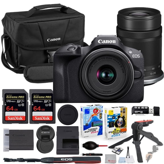 Canon EOS R100 Mirrorless Camera with 18-45mm & 55-210mm Lens Bundle with Canon 200ES EOS Shoulder Bag + 2X 64GB Extreme Memory Cards + Accessory Kit