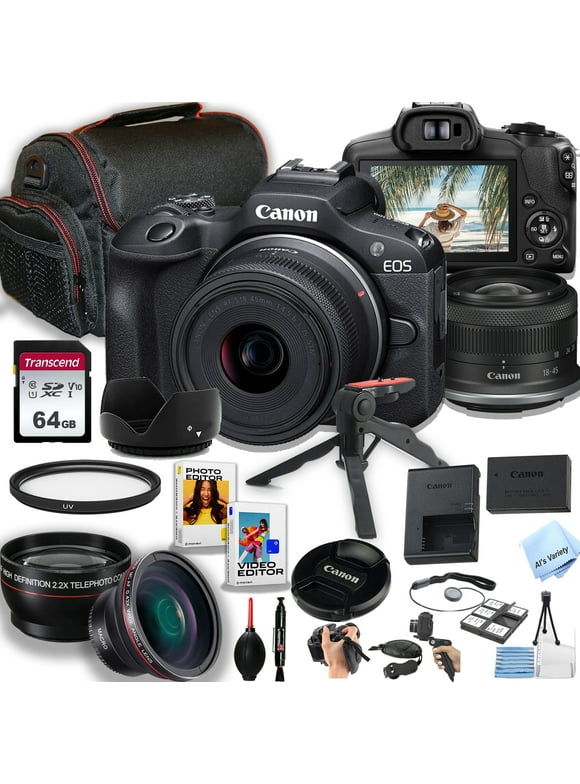 Canon EOS R100 Mirrorless Camera with 18-45mm Lens + 64GB Memory, Macro + 2X Len, Case, Gripster Tripodpod, and More (28pc Bundle)