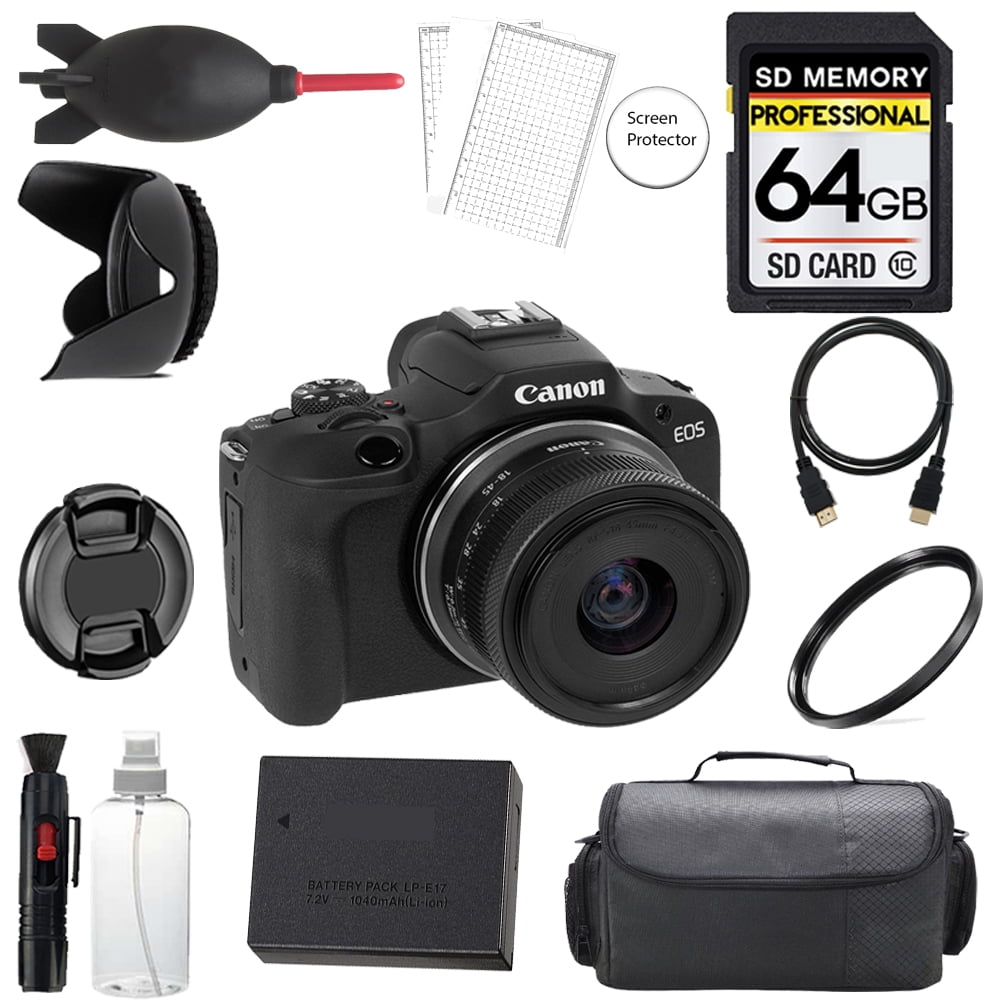 Canon EOS R100 Mirrorless Camera with 18-45mm Lens (Black) + 64GB ...