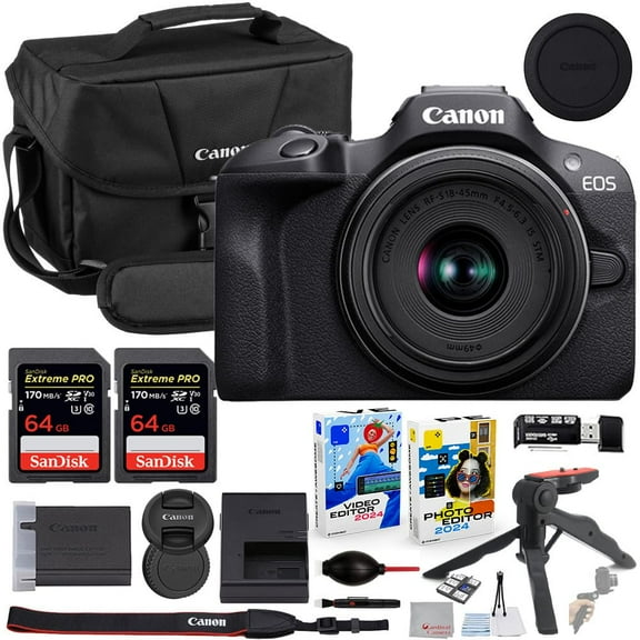 Canon EOS R100 Mirrorless Camera with 18-45mm Lens Bundle with Canon 200ES EOS Shoulder Bag + 2X 64GB Extreme Memory Cards + Accessory Kit