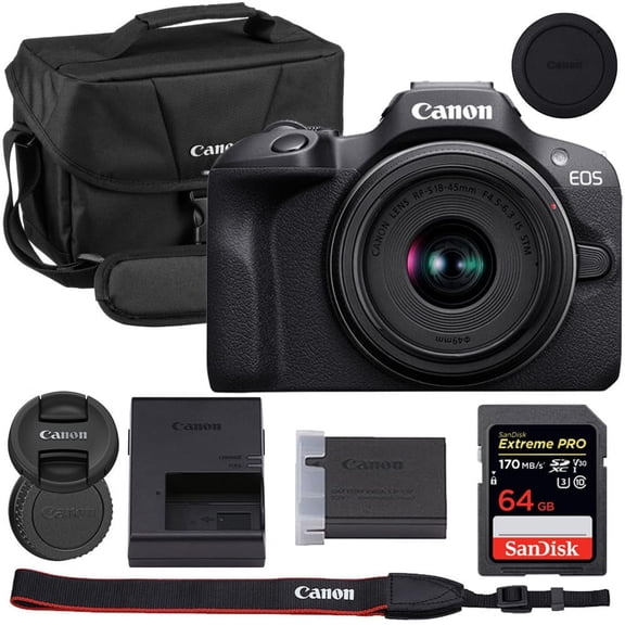 Canon EOS R100 Mirrorless Camera with 18-45mm Lens Bundle with Canon 200ES EOS Shoulder Bag + 64GB Extreme PRO Memory Card