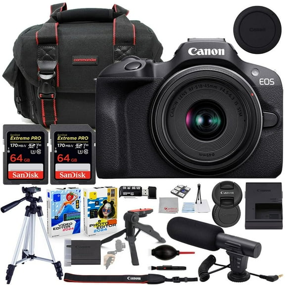 Canon EOS R100 Mirrorless Camera with 18-45mm Lens Bundle with Commander Gear Bag + Microphone + 2X 64GB Extreme Memory Cards + Accessory Kit