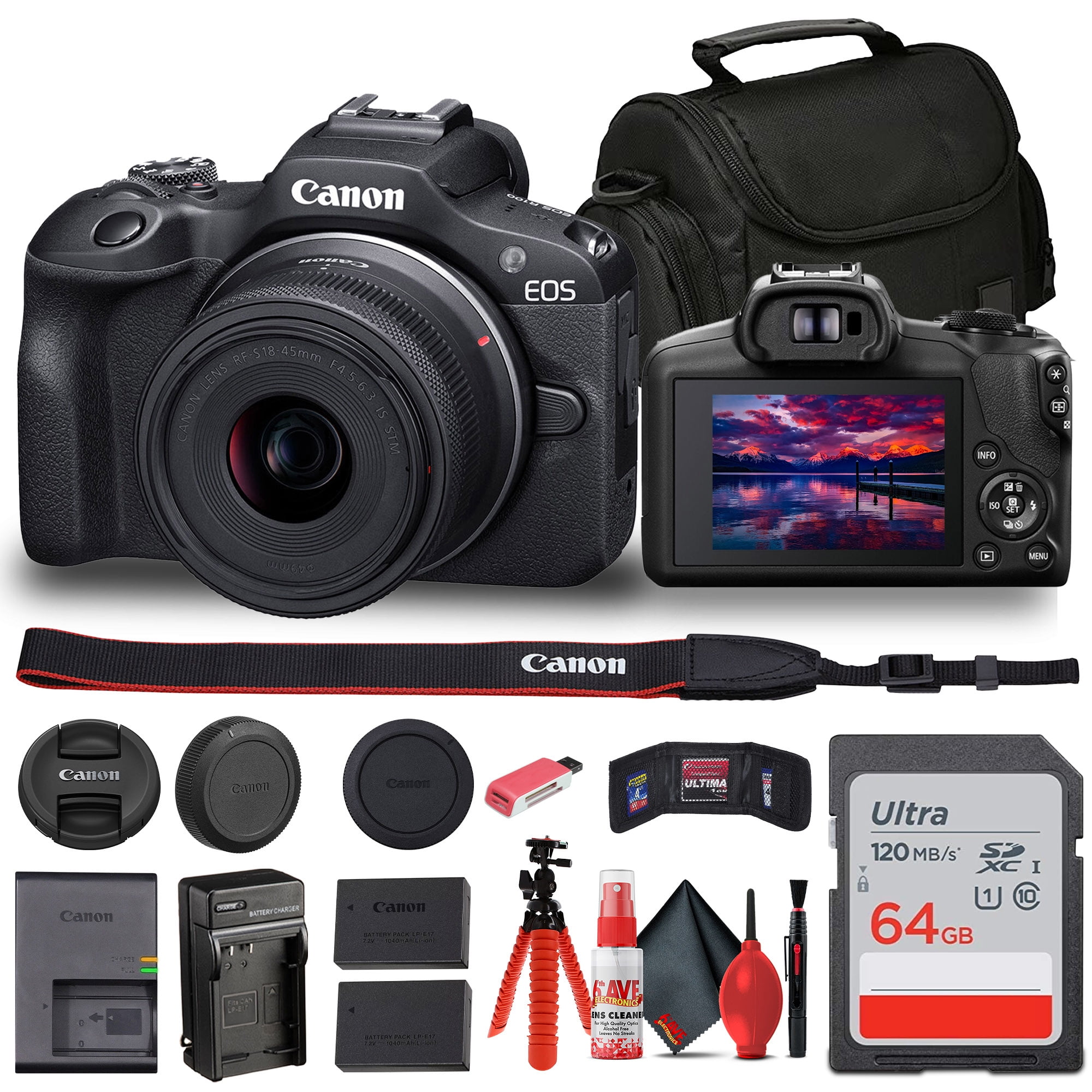 Canon EOS R100 Mirrorless Camera with 18-45mm Lens New (6052C012) + Bag + 64GB Card + LPE17 Battery + Much More