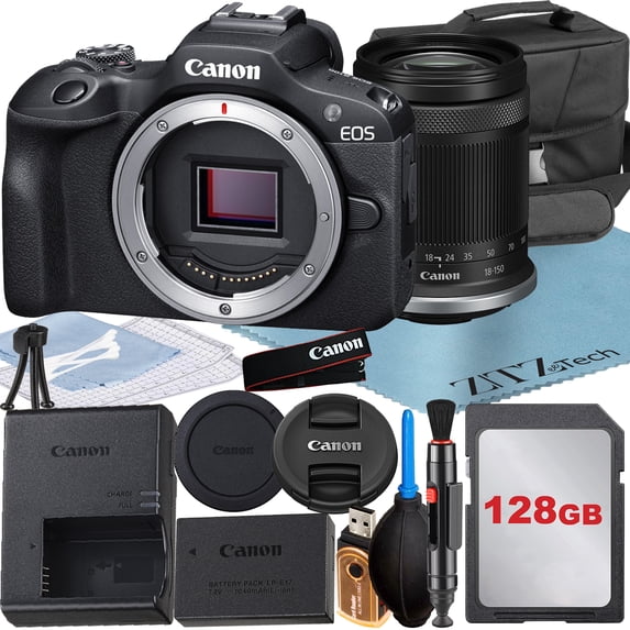 Canon EOS R100 Mirrorless Camera with RF-S 18-150mm Lens + 128GB Memory Card + Case + ZeeTech Accessory Bundle (International Version)