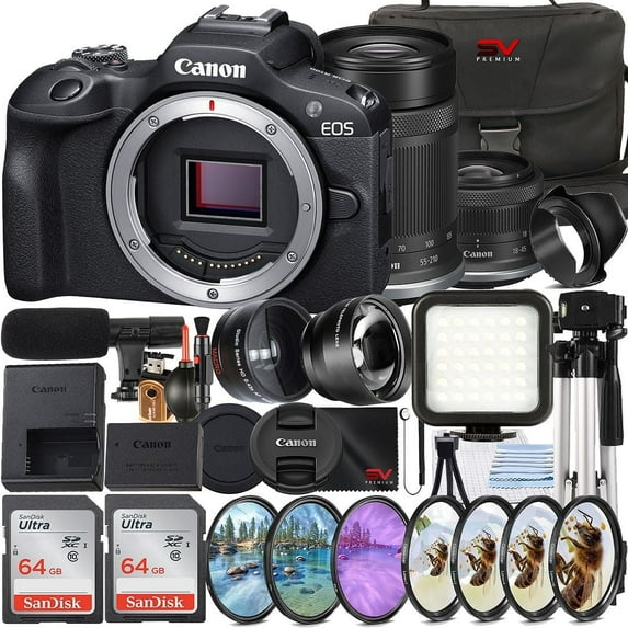 Canon EOS R100 Mirrorless Camera with RF-S 18-45mm + 55-210mm Lens + 2 Pack SanDisk 64GB Memory Card + Case + LED Flash + SV Premium Accessory Bundle (International Version)