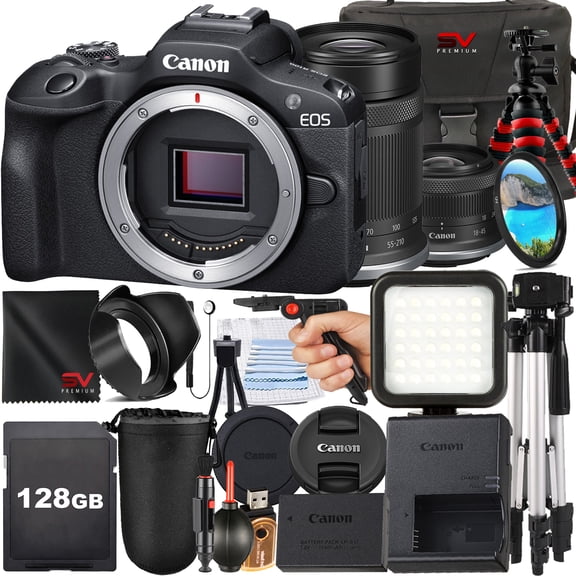 Canon EOS R100 Mirrorless Camera with RF-S 18-45mm + 55-210mm Lens + SanDisk 128GB Memory Card + Case + Tripod + SV Premium Accessory Bundle (International Version)