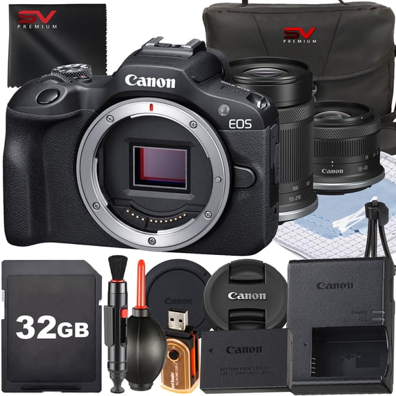Canon EOS R100 Mirrorless Camera with RF-S 18-45mm + 55-210mm Lens + 32GB Memory Card + Case + SV Premium Accessory Bundle (International Version)