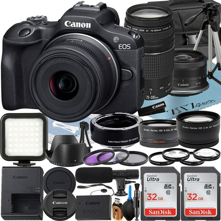 Canon EOS R100 Mirrorless Camera with RF-S 18-45mm + EF 75-300mm Lens +  Mount Adapter + 2 Pack SanDisk 32GB Memory Card + Case + ZeeTech Accessory  