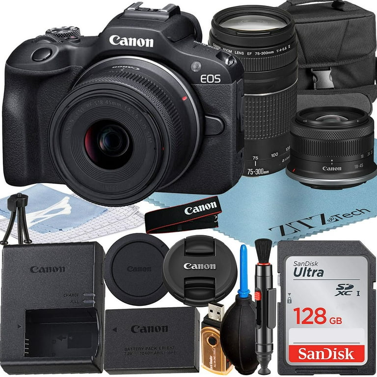 Canon EOS R100 Mirrorless Camera with RF-S 18-45mm + EF 75-300mm Lens +  SanDisk 128GB Memory Card + Case + ZeeTech Accessory Bundle 