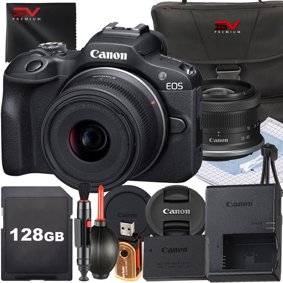 Canon EOS R100 Mirrorless Camera with RF-S 18-45mm Lens + SanDisk 128GB Memory Card + Case + SV Premium Accessory Bundle (International Version)