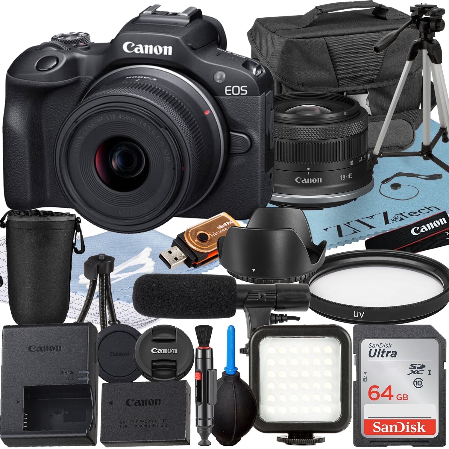 Canon EOS R100 Mirrorless Camera with RF-S 18-45mm Lens + SanDisk 64GB Memory Card + Case + LED Flash + ZeeTech Accessory Bundle