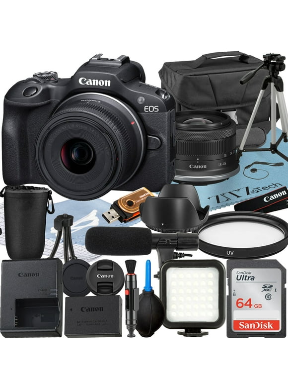 Canon EOS R100 Mirrorless Camera with RF-S 18-45mm Lens + SanDisk 64GB Memory Card + Case + LED Flash + ZeeTech Accessory Bundle