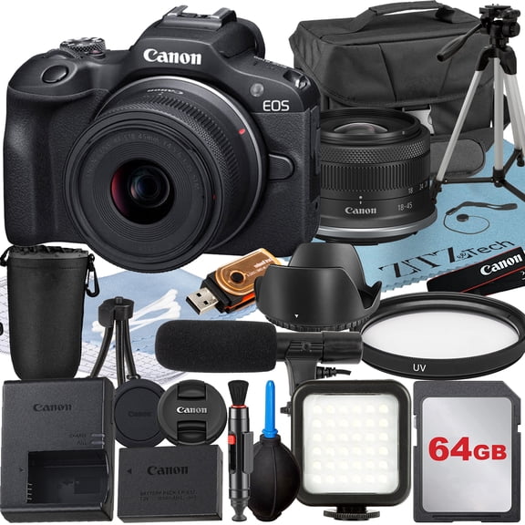 Canon EOS R100 Mirrorless Camera with RF-S 18-45mm Lens + 64GB Memory Card + Case + LED Flash + ZeeTech Accessory Bundle (International Version)