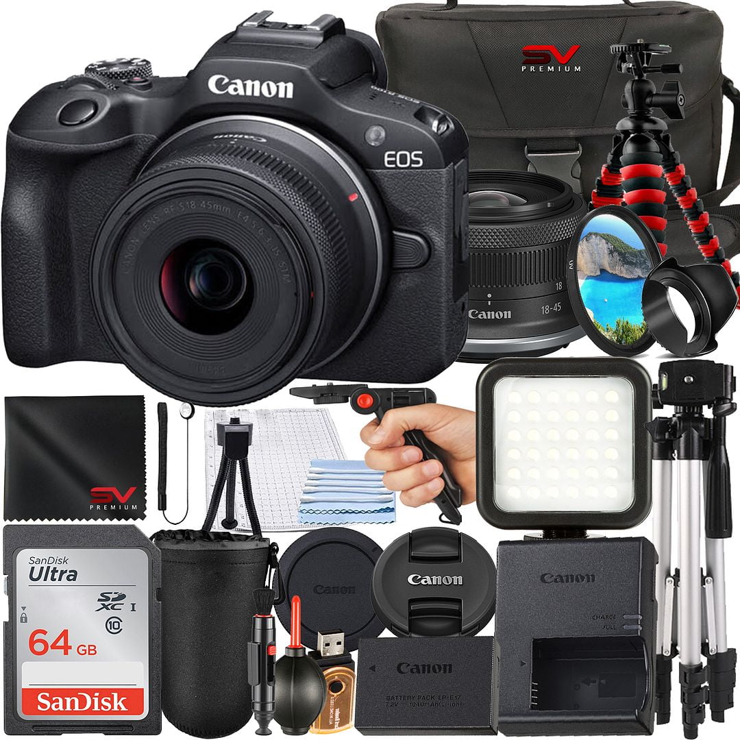 Canon EOS R100 Mirrorless Camera with RF-S 18-45mm Lens + SanDisk 64GB Memory Card + Case + Tripod + SV Premium Accessory Bundle