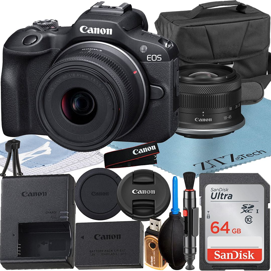  Canon EOS R100 Mirrorless Camera with 18-45mm Lens + 420-800mm  Super Telephoto Lens + 128GB Memory, LED Light, Microphone, Spare Battery,  Filters,Case, Tripod, Flash, and More (43pc Video Bundle) : Electronics