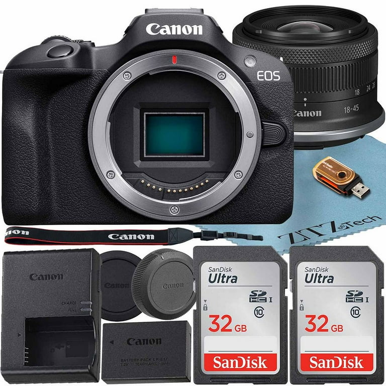 Canon Eos R100 Mirrorless Camera with RF-S 18-45mm f/4.5-6.3 Is STM Lens + 2 Pack SanDisk 32GB Memory Card + ZeeTech Accessory Bundle, Black