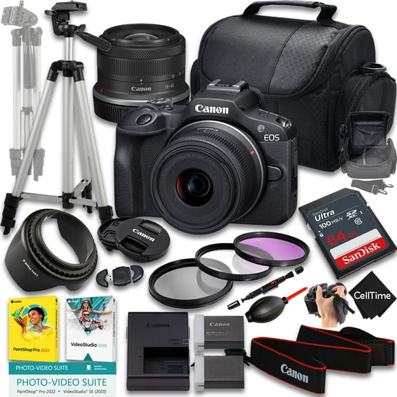 Canon EOS R100 Mirrorless Camera with RF-S 18-45mm f/4.5-6.3 IS STM Lens + 64 GB Memory + Extra Battery + Camera Case + Tripod + More (20pc Bundle)