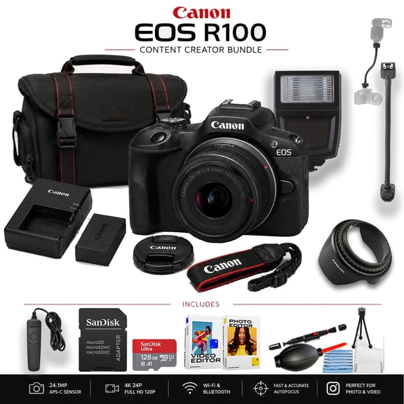 Canon EOS R100 Mirrorless Camera with RF-S18-45mm IS STM Lens, with Slave Flash + TTL Flexible Cord (Content Creator Kit) (International Version)