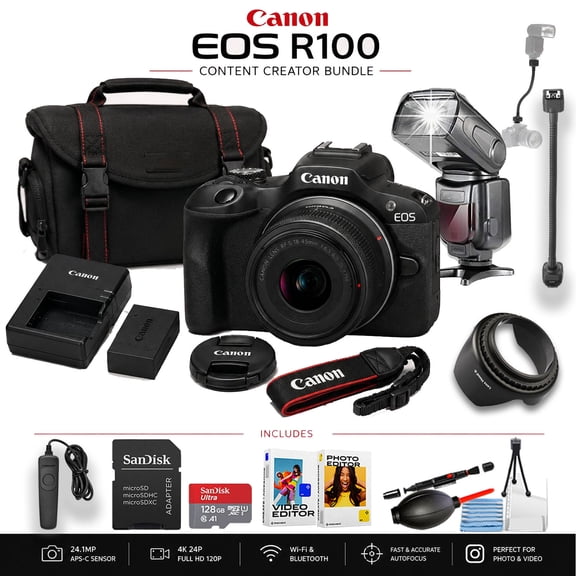 Canon EOS R100 Mirrorless Camera with RF-S18-45mm IS STM Lens, with TTL Flash + TTL Flexible Cord (Content Creator Kit) (International Version)