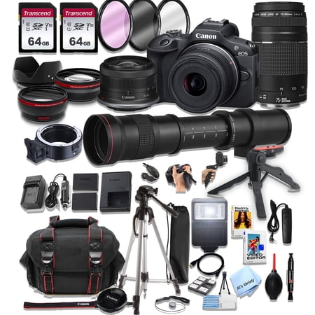 Canon EOS R100 Mirrorless Camera18-45mm and 75-300mm Lenses + 420-800mm Super Telephoto Lens + 128GB Memory, Spare Battery, Filters,Case, Tripod, Flash, and More (43pc Bundle) (International Version)