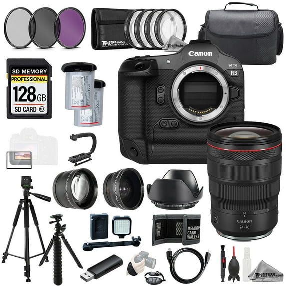 Canon EOS R3 Camera + RF 24-70mm f/2.8L IS USM Lens+128GB+Ext Bat+9 PC Filtr MEGA Kit (International Version)