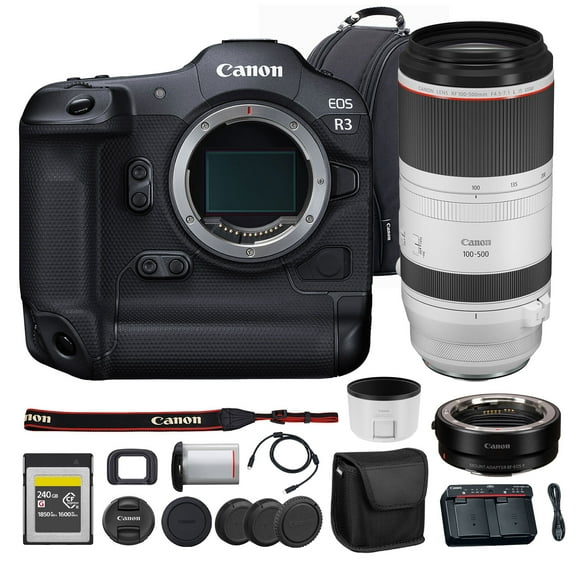Canon EOS R3 Mirrorless Camera | 24MP Full Frame Sensor 6K RAW Recording | High Speed Autofocus Pro Action and Sports Camera (4895C002) + Canon RF 100-500mm Lens + 240GB Card + Adapter EF-EOS R