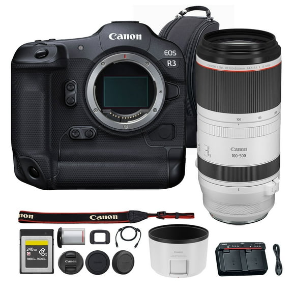 Canon EOS R3 Mirrorless Camera | 24MP Full Frame Sensor 6K RAW Recording | High Speed Autofocus Professional Action and Sports Camera (4895C002) + Canon RF 100-500mm Lens + 240GB Card