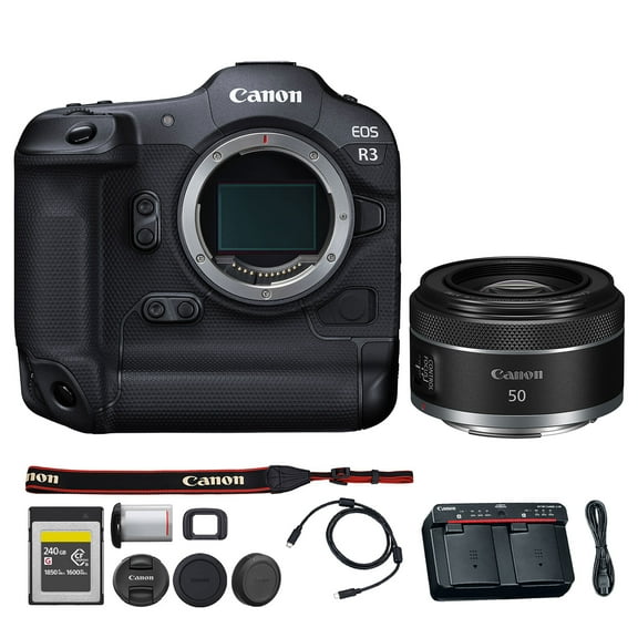 Canon EOS R3 Mirrorless Camera | 24MP Full Frame Sensor 6K RAW Recording | High Speed Autofocus Professional Action and Sports Camera (4895C002) + Canon RF 50mm f/1.8 STM Lens + 240GB Card