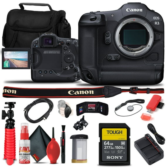 Canon EOS R3 Mirrorless Camera (4895C002) + Sony 64GB TOUGH SD Card + Card Reader + Case + Flex Tripod + Hand Strap + Cap Keeper + Memory Wallet + Cleaning Kit (International Version)